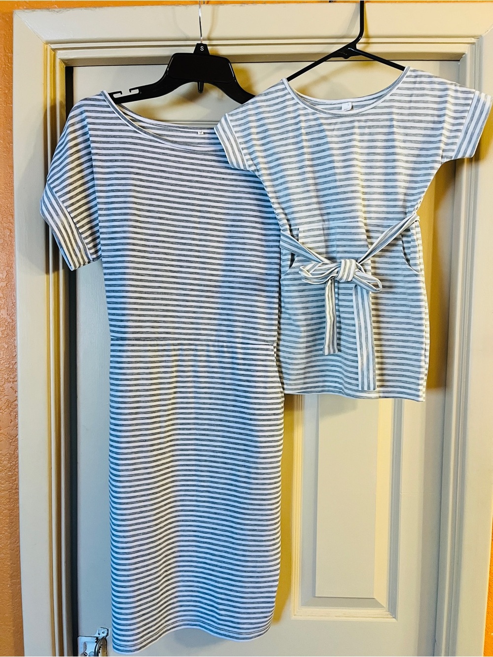 Striped Mom & Me Dress Set - Grey and White